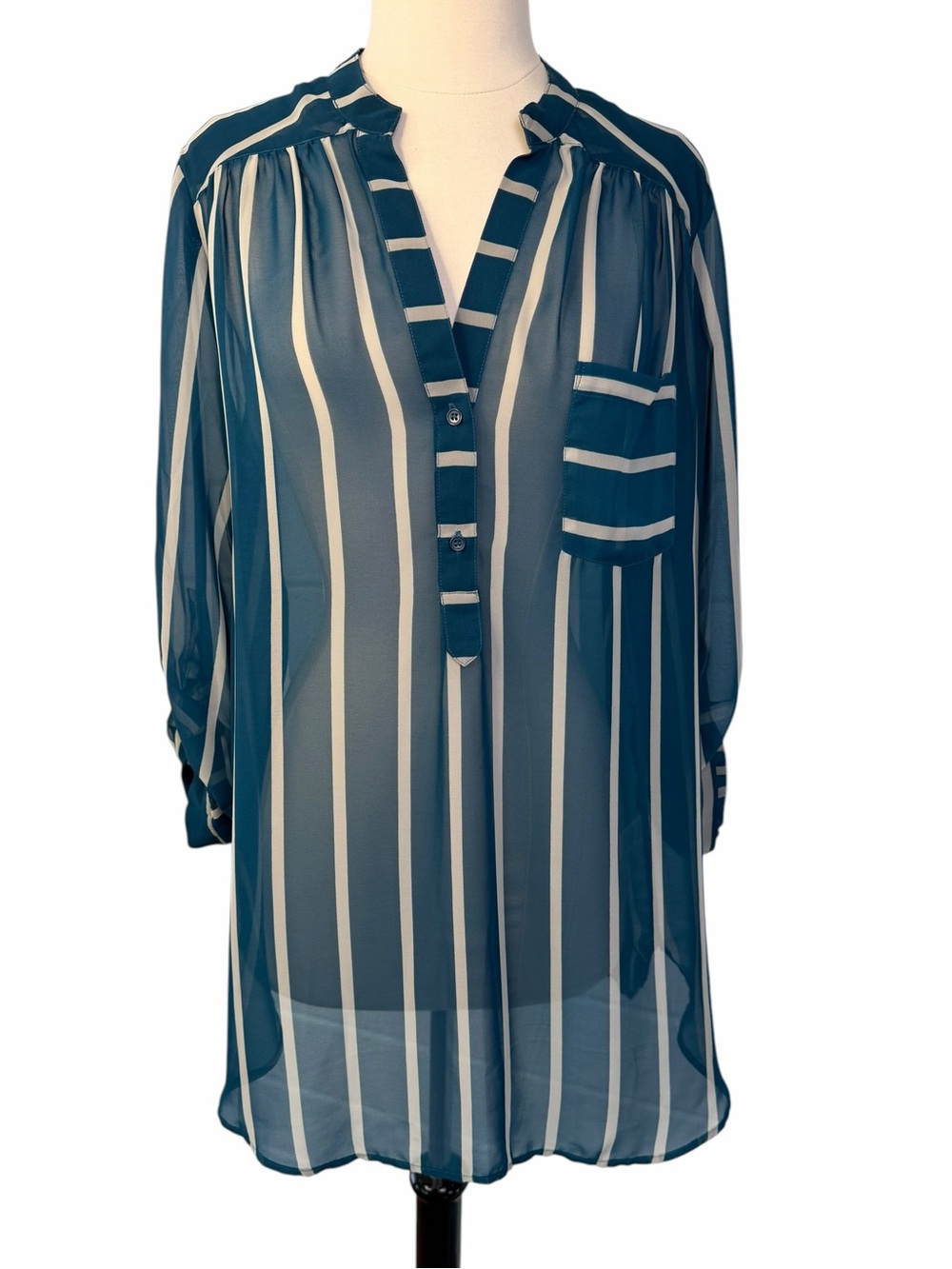 Anthro Pleione Tunic Striped Sheer V-Neck Blouse Teal White